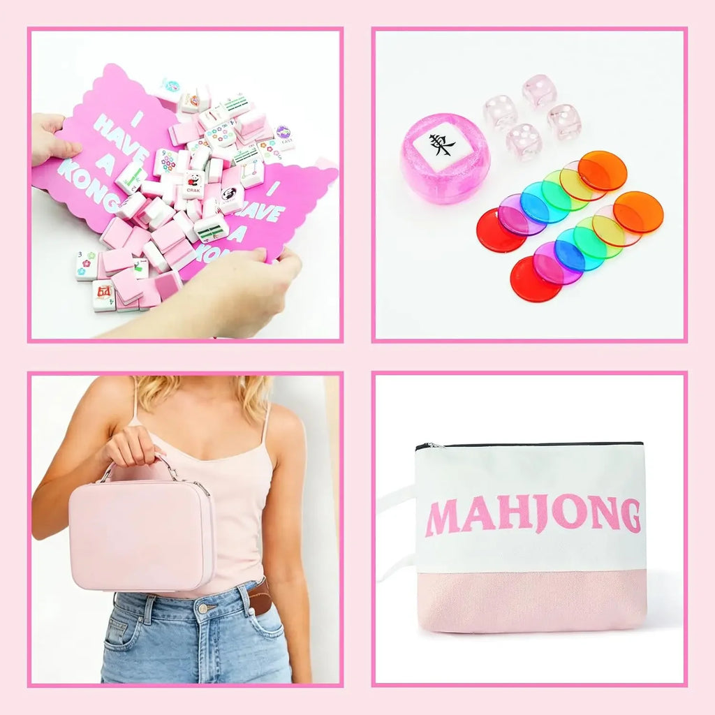 Elegant 3cm Carved American Mahjong Set | 160 Pink Back Melamine Tiles | Classic Strategy Game for Adults & Beginners (pink melamine mahjong set)