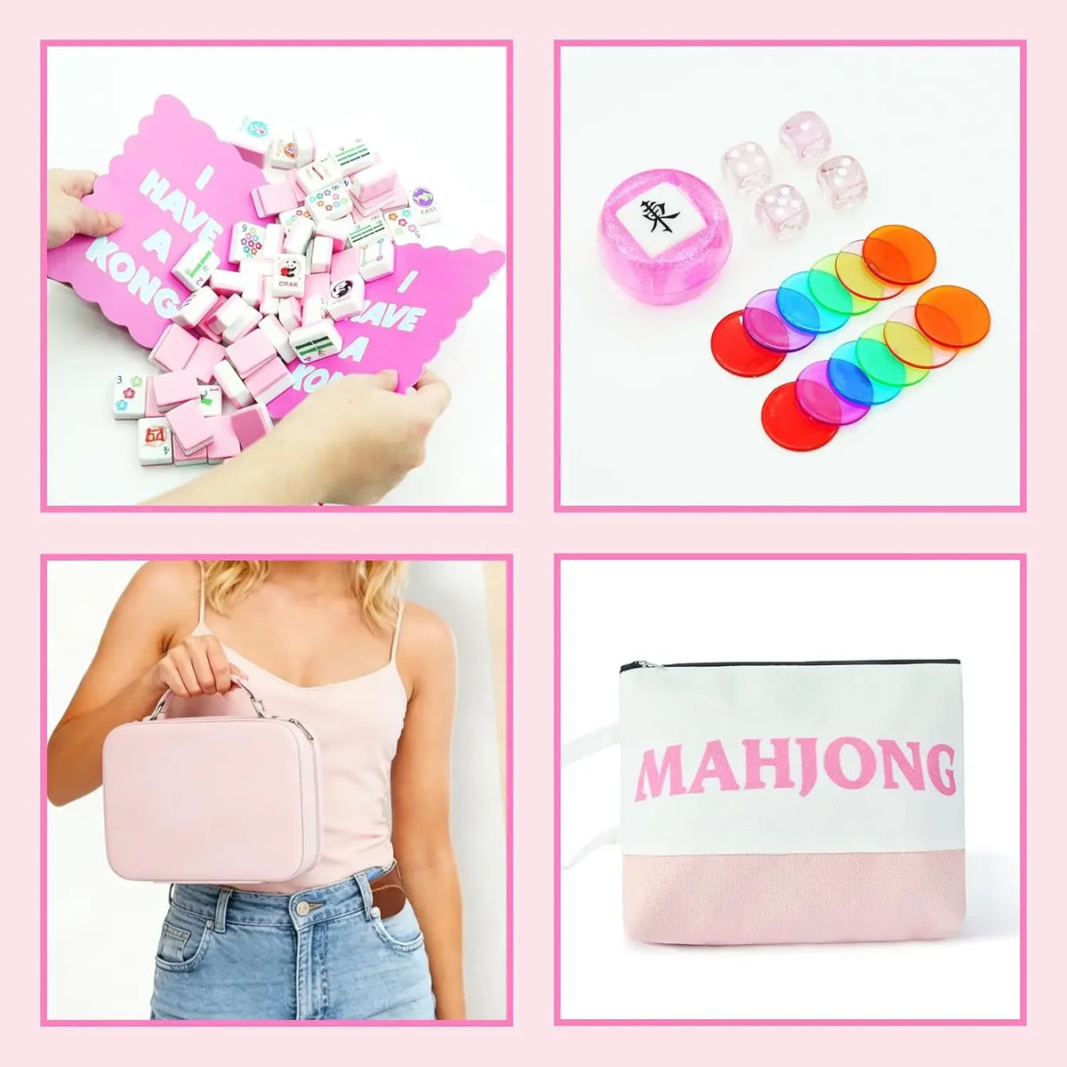 Pink Melamine Mahjong Set, 160 Tiles, 30 mm Carved | Azalea