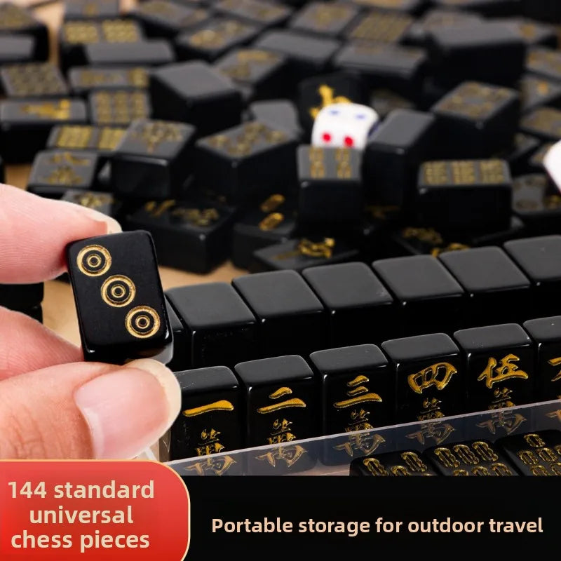 144 Pieces Black Gold Mahjong Tiles Set Household Mini Size Portable Outdoor Level Family Party Game Mahjong with Chips (black gold mahjong set)