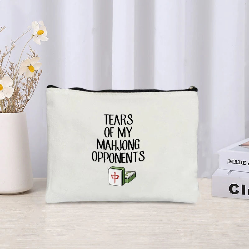 Mahjong Print Canvas Cosmetic Bag Zipper Storage Pencil Bags Wallet Travel Perfume Lipstick Makeup Bags Gift for Gambling Lover (mahjong cosmetic bag)