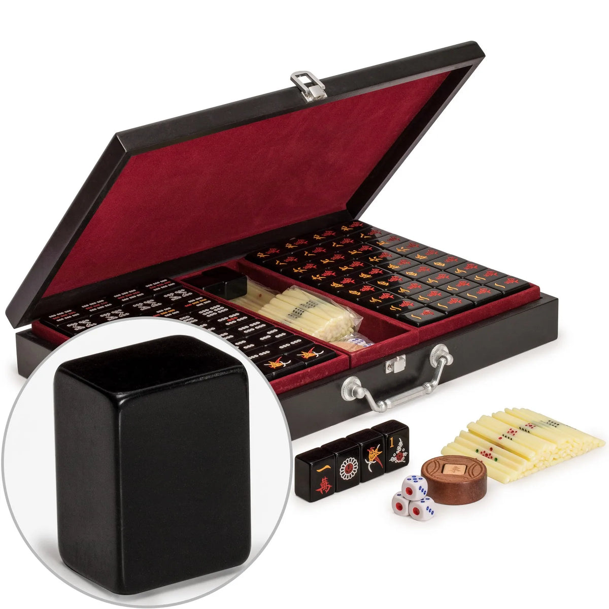 Chinese Mahjong Game Set Jet Set with 148 Black Tiles and Wooden Case (black tile mahjong set)