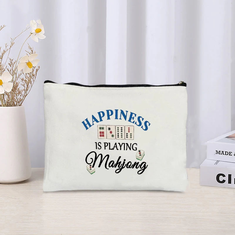 Mahjong Print Canvas Cosmetic Bag Zipper Storage Pencil Bags Wallet Travel Perfume Lipstick Makeup Bags Gift for Gambling Lover (mahjong cosmetic bag)