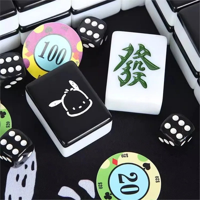 Small 26mm Sanrio Melody Mahjong Set with Numbers Kuromi Pochacco Hello Kitty Puzzle Board Game Chess Cards Friends Family Gift (kuromi mahjong set)
