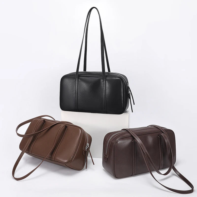 Women's Cow Genuine Leather Shoulder Bags Ladies Fashion Designer Luxury Handbags Female Retro Commute Boston Cowhide Handbag (mahjong canvas tote)