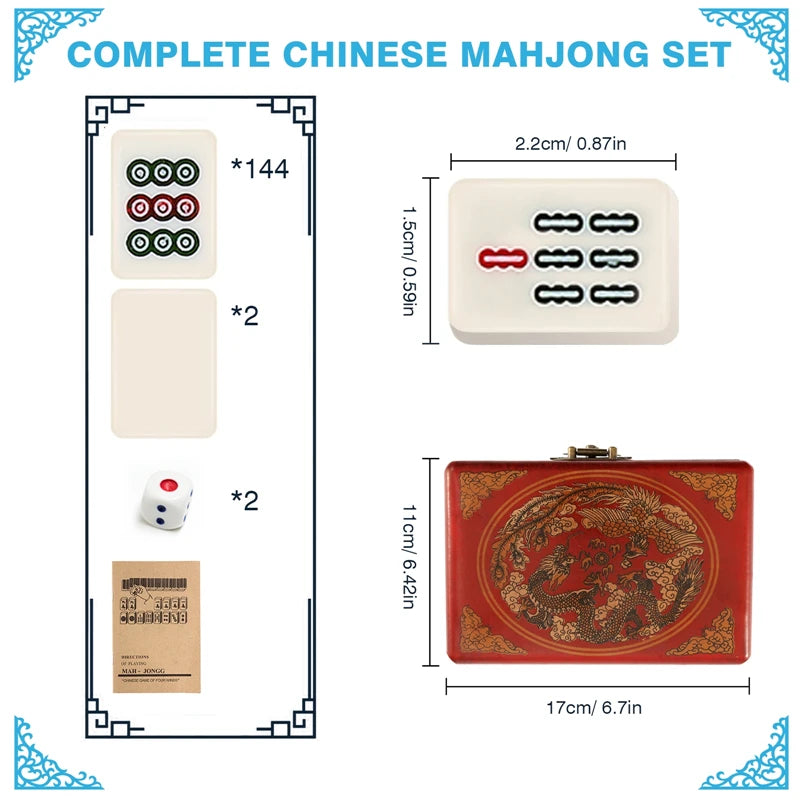 Chinese Majong Set 144PCS Mahjong Tile Set with Storage Box Classic Traditional Chinese Family Tabletop Game for Travel Party (chinese mahjong storage box set)