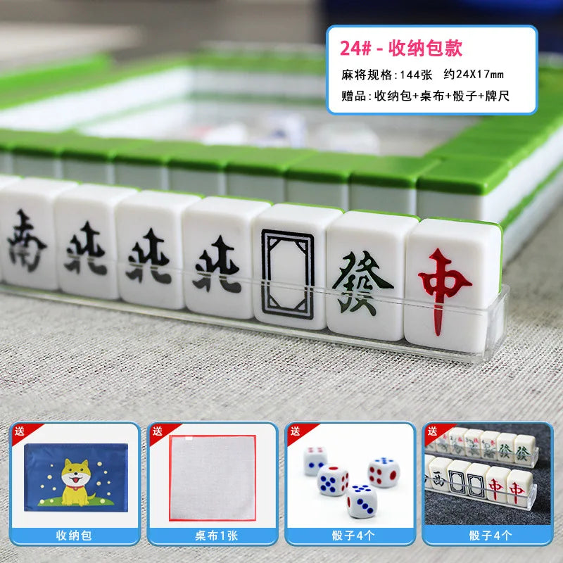 24mm Household Mahjong Tile Hand Rubbing Green Blue Pink Adult Mahjong Game Full Set 144Blocks Cartoon Mahjong Cards Friend Gift (green mahjong tiles)