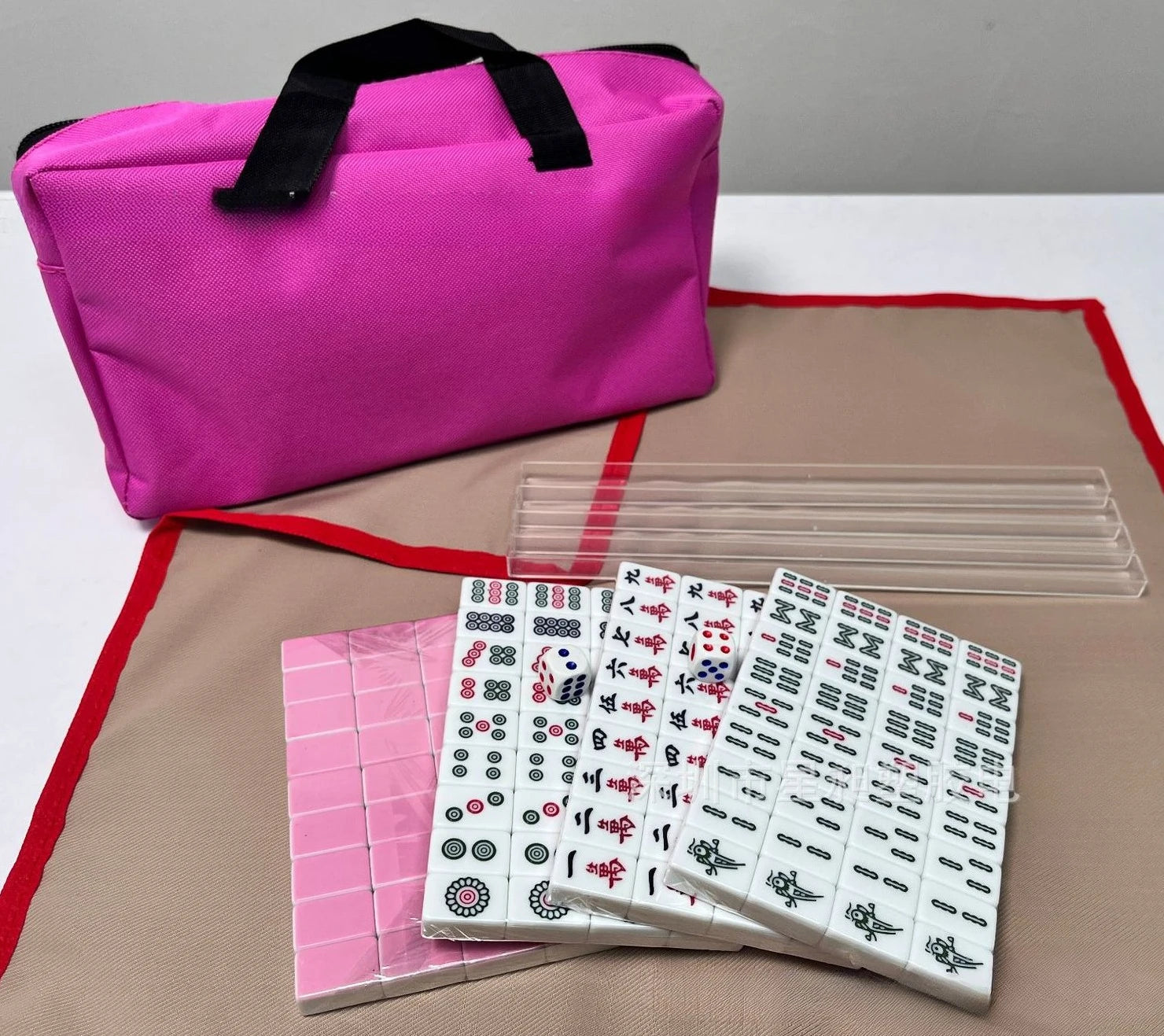 Chinese Numbered Mahjong Set 144 Tiles Portable Mini Mah-Jong Block with Handbag Dice Ruler Mahjong Board Game for Fun Camping (mahjong set with handbag)