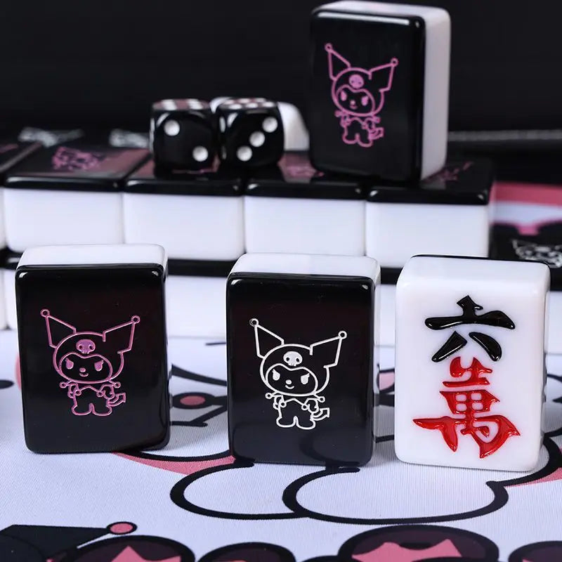 Sanrio Kuromi Mahjong Set 144 Tiles Travel Portable Mini 26mm Engraved Black Mahjong Tiles for Beginners Family Party Games Gift (kuromi mahjong tiles)