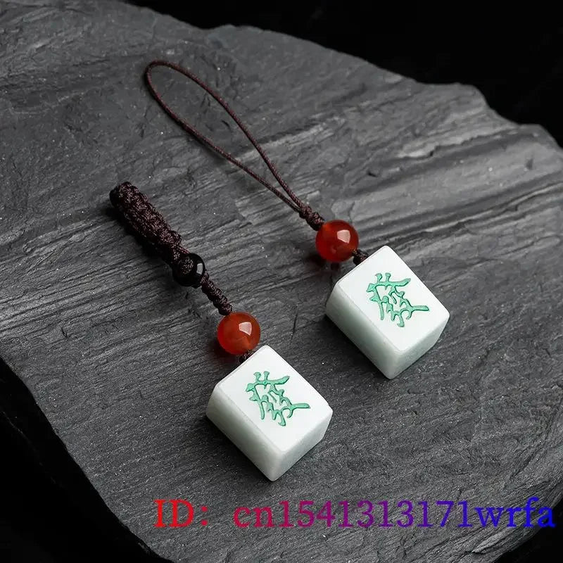 Burmese Jade Mahjong Keychain Bag Charm Phone Charm key holder Natural Cute Fashion White Keychains Jadeite Luxury (mahjong bag charm)