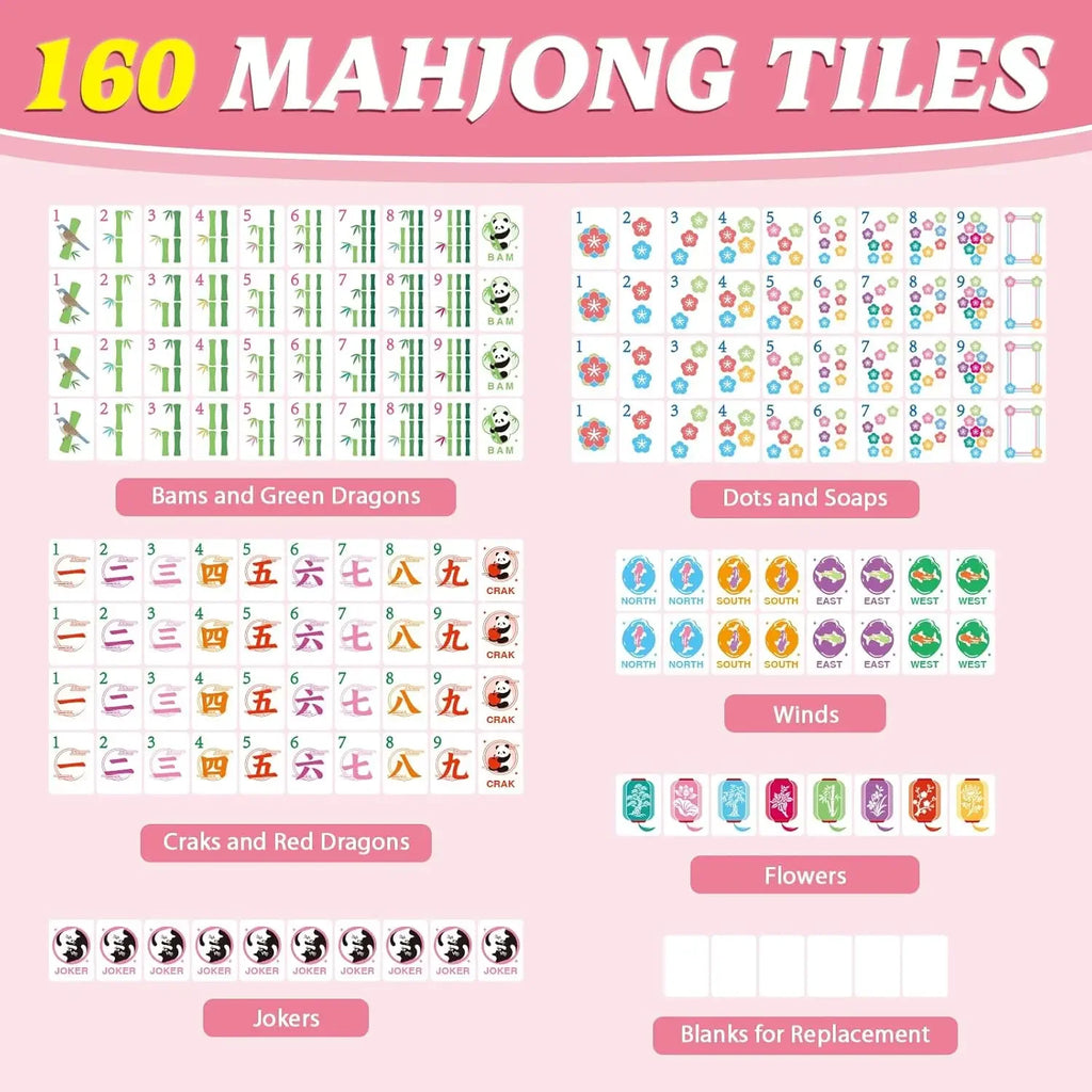 Elegant 3cm Carved American Mahjong Set | 160 Pink Back Melamine Tiles | Classic Strategy Game for Adults & Beginners (pink melamine mahjong set)
