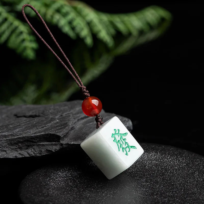 Burmese Jade Mahjong Keychain Bag Charm Phone Charm key holder Natural Cute Fashion White Keychains Jadeite Luxury (mahjong tile charm)