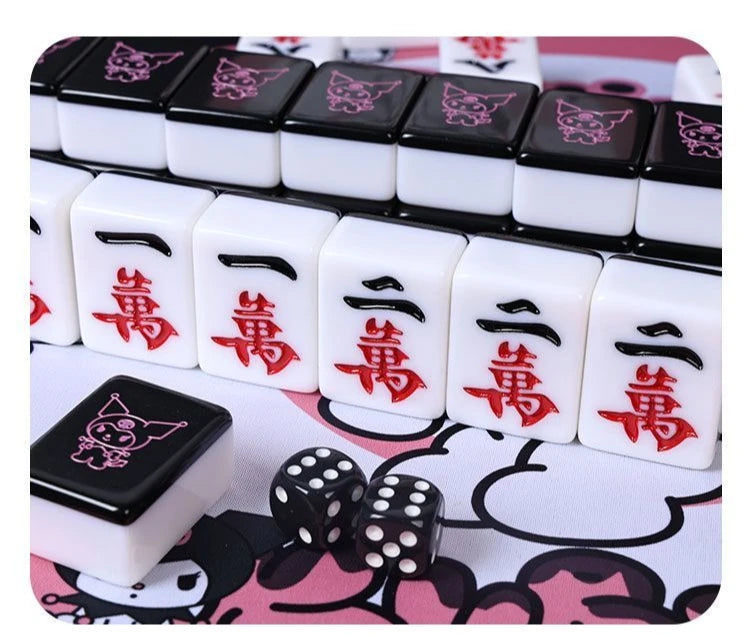 Sanrio Kuromi Mahjong Set 144 Tiles Travel Portable Mini 26mm Engraved Black Mahjong Tiles for Beginners Family Party Games Gift (kuromi mahjong tiles)