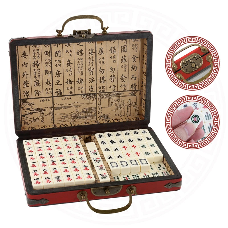 144 Tiles Mini Chinese Numbered Mahjong Set with Antique Storage Box Chinese Traditional Mahjong Family Tabletop Game Leisure (antique box mahjong set)