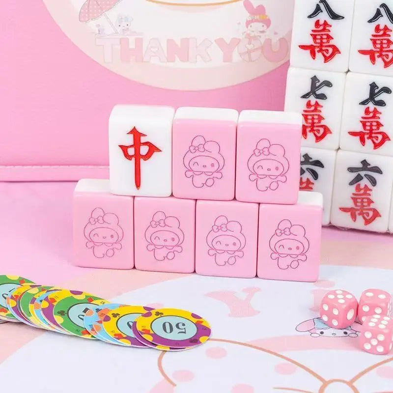 Small 26mm Sanrio Melody Mahjong Set with Numbers Kuromi Pochacco Hello Kitty Puzzle Board Game Chess Cards Friends Family Gift (kuromi mahjong set)