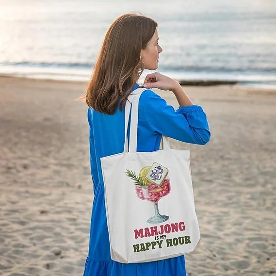 Mahjong Cocktail Tote Bag Versatile Canvas Shoulder Bag for Women Casual Reusable Picnic Beach Shopping Handbag Minimalist White (mahjong leather shoulder bag)