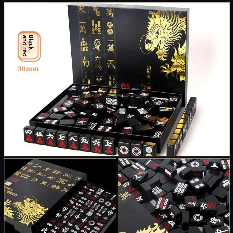 144 Pieces Black Gold Mahjong Tiles Set Household Mini Size Portable Outdoor Level Family Party Game Mahjong with Chips (black gold mahjong set)