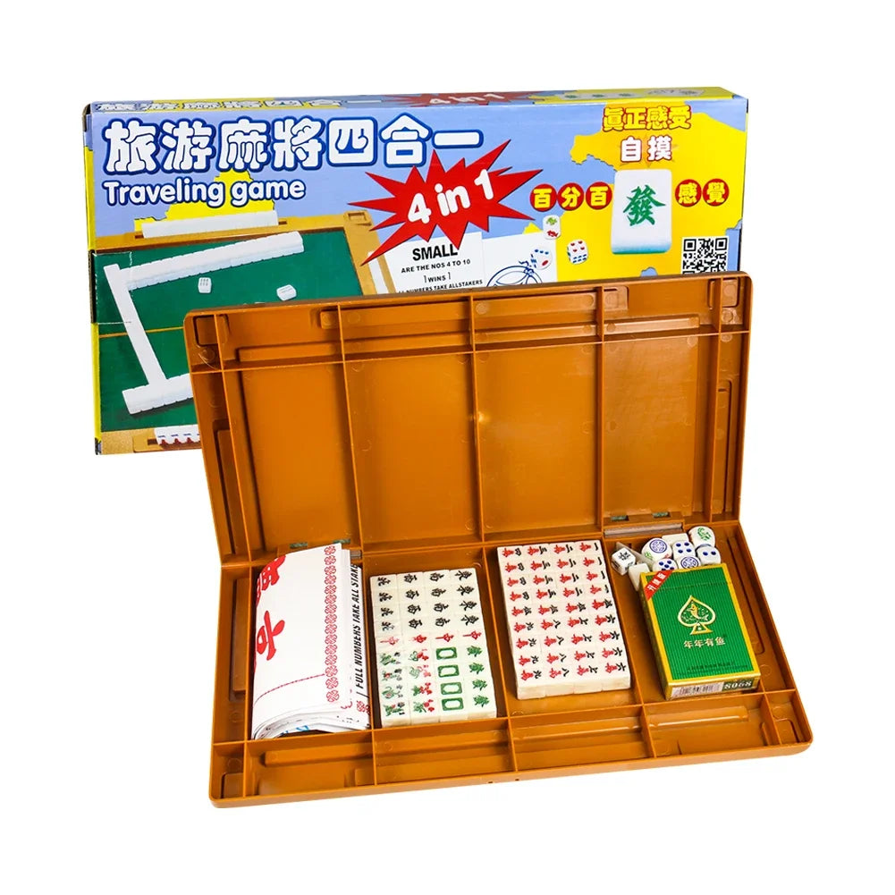Mini Travel Mahjong Set Portable Mahjiang Tiles with Table Dice Chinese Toy Party Gambling Board Games 4 in 1144 Tiles Mah Jong (mahjong set with table)