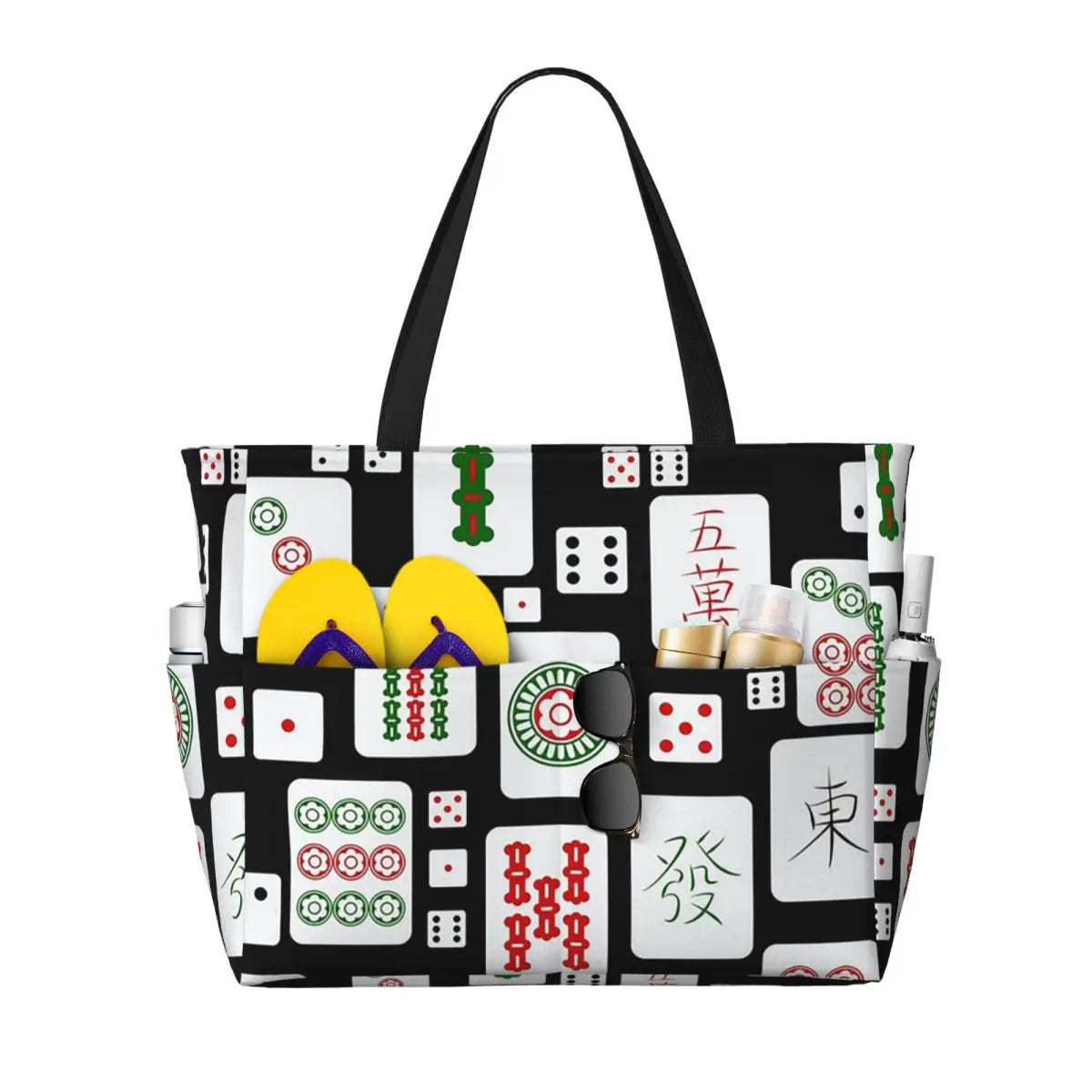 Mahjong Tile Green Dragon Vocan Beach Tote Bag Sport Gym Yoga Duffle Large Tote Bag Women Travel Bag Fitness bag (mahjong tote bag)