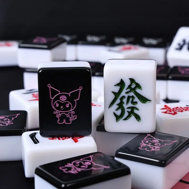 Sanrio Kuromi Mahjong Set 144 Tiles Travel Portable Mini 26mm Engraved Black Mahjong Tiles for Beginners Family Party Games Gift (kuromi mahjong tiles)