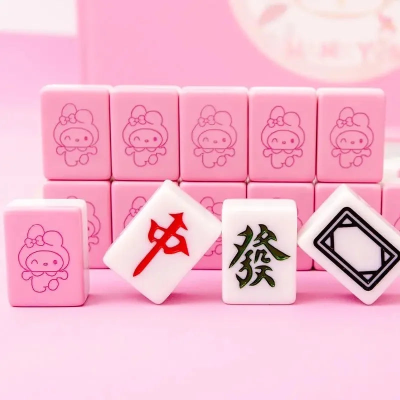 144pcs Sanrio Mahjong Full Set Hello Kitty My Melody Mini 26mm Portable Red Pink Mahjong Toys Family Party Games Christmas Gifts (sanrio mahjong set)