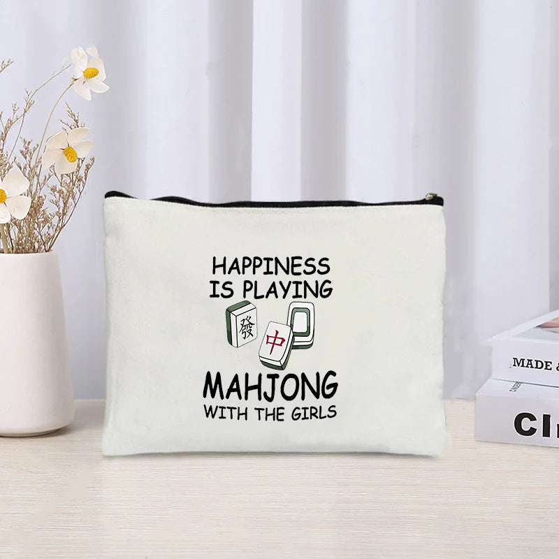 Mahjong Print Canvas Cosmetic Bag Zipper Storage Pencil Bags Wallet Travel Perfume Lipstick Makeup Bags Gift for Gambling Lover (mahjong cosmetic bag)