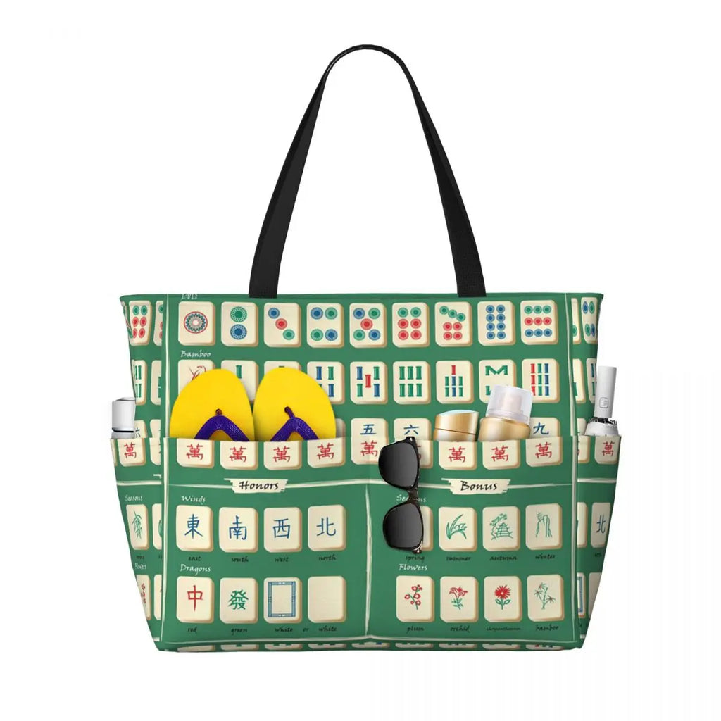 Mahjong Tile Green Dragon Vocan Beach Tote Bag Sport Gym Yoga Duffle Large Tote Bag Women Travel Bag Fitness bag (mahjong tote bag)