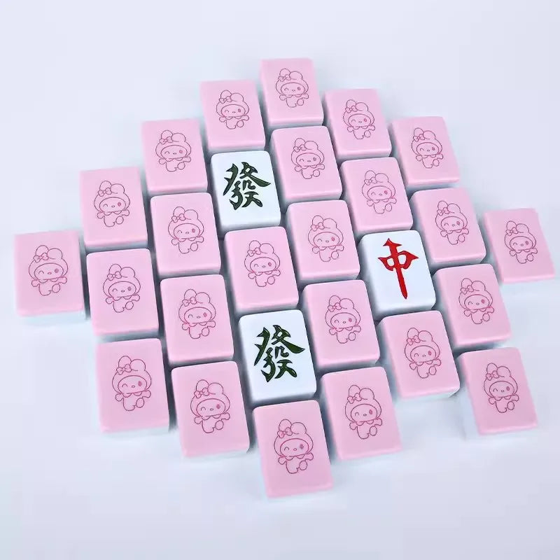 Small 26mm Sanrio Melody Mahjong Set with Numbers Kuromi Pochacco Hello Kitty Puzzle Board Game Chess Cards Friends Family Gift (kuromi mahjong set)