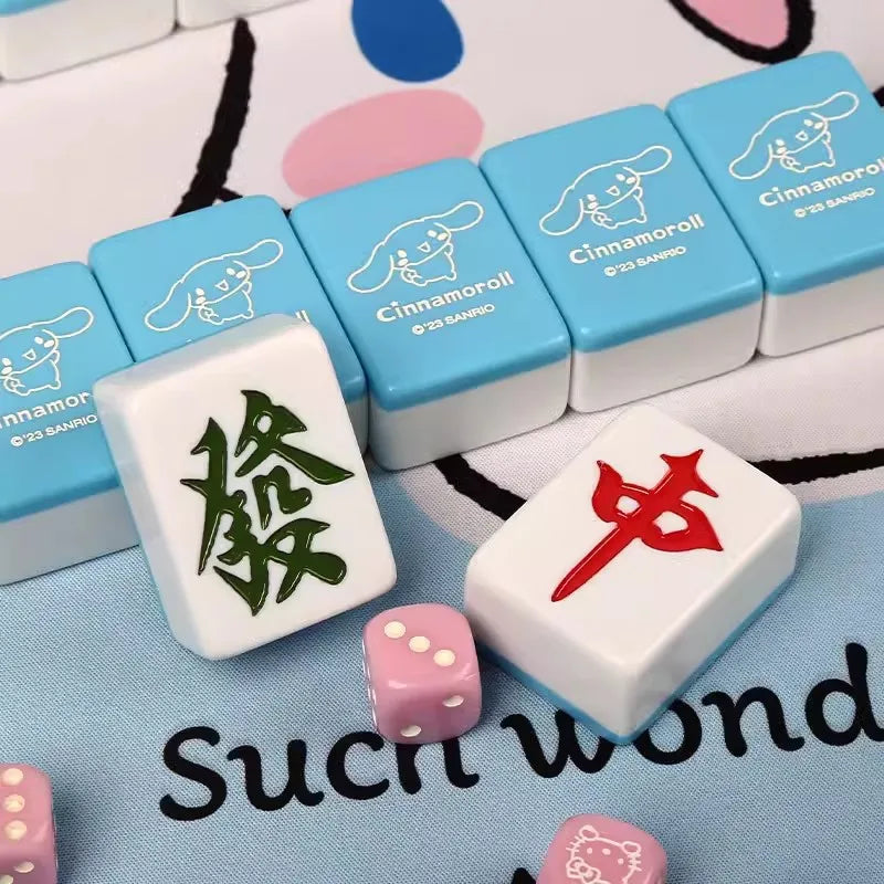 Small 26mm Sanrio Melody Mahjong Set with Numbers Kuromi Pochacco Hello Kitty Puzzle Board Game Chess Cards Friends Family Gift (kuromi mahjong set)