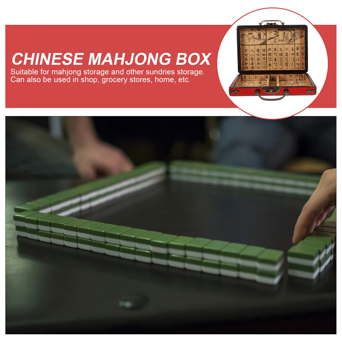 Vintage Wooden Chinese Mahjong Box Rectangular Portable Storage Case Mahjong Set Holder Gift Container Wooden Storage Box (wooden mahjong case)