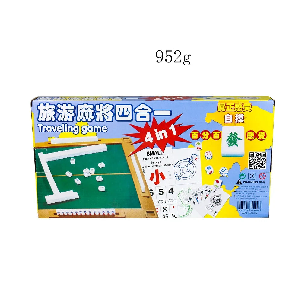 Mini Travel Mahjong Set Portable Mahjiang Tiles with Table Dice Chinese Toy Party Gambling Board Games 4 in 1144 Tiles Mah Jong (mahjong set with table)