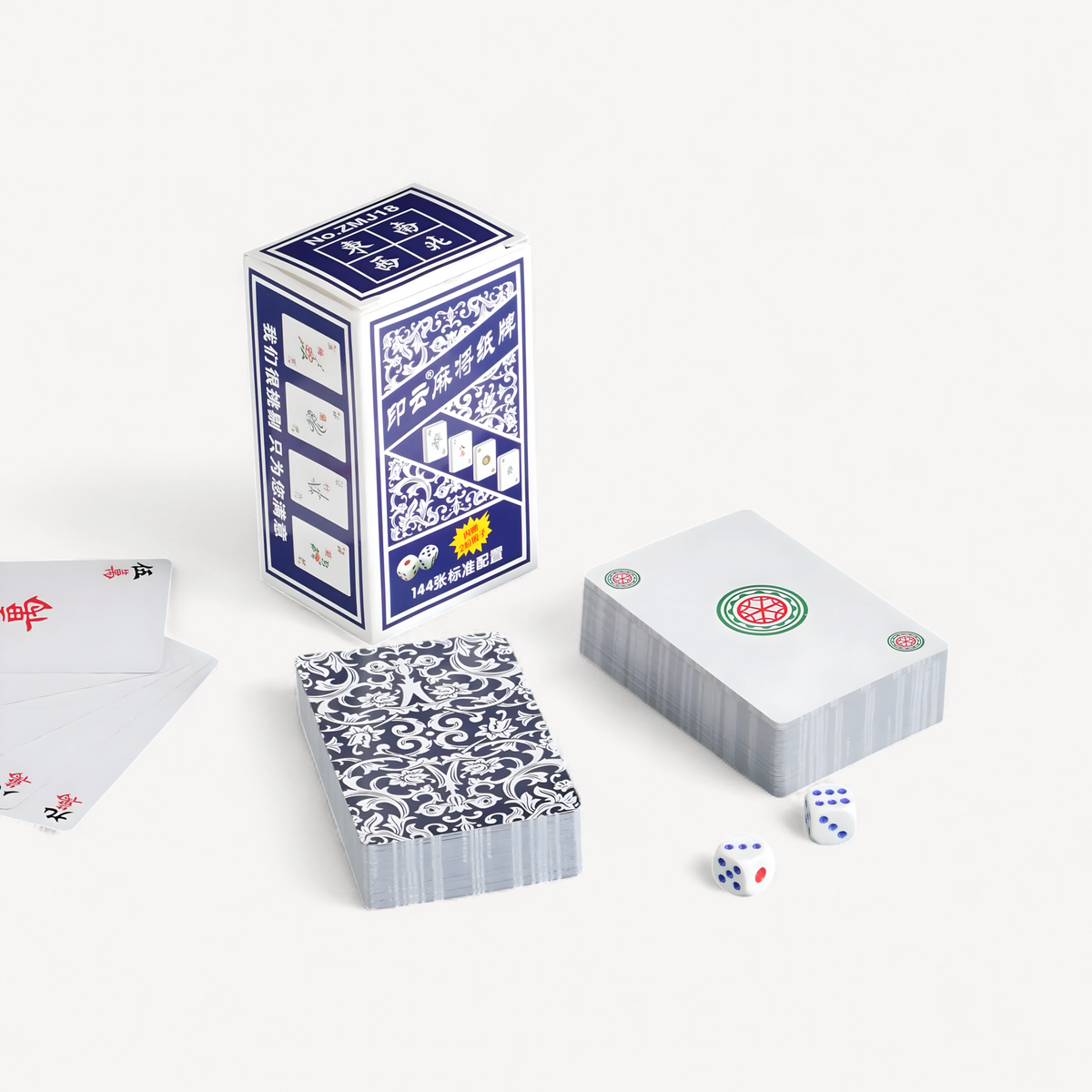Chinese Mahjong Cards (144 Tiles) - Classic Blue & White Porcelain Design, Portable Travel Set with Dices (blue and white mahjong cards)