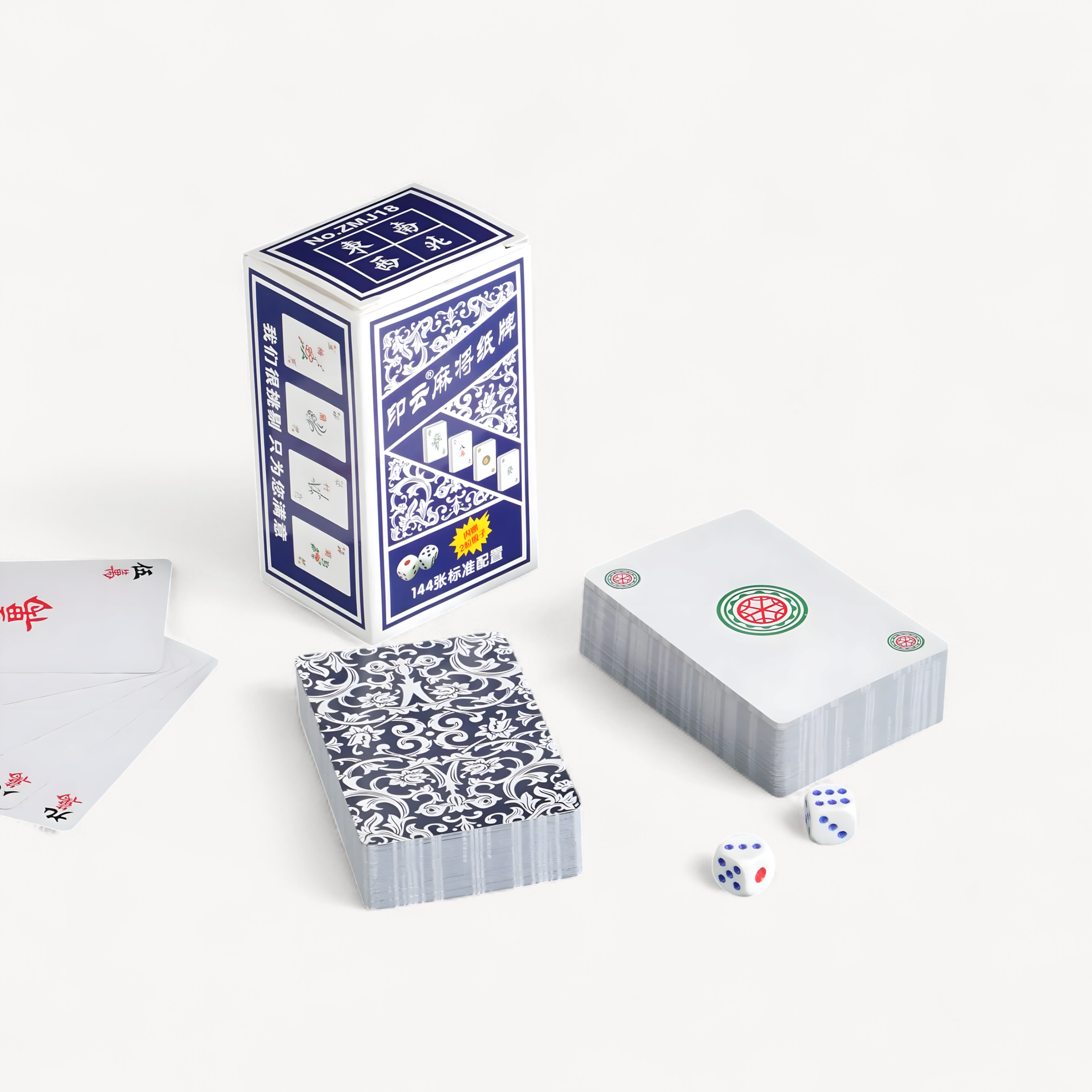 Chinese Mahjong Cards (144 Tiles) - Classic Blue & White Porcelain Design, Portable Travel Set with Dices (blue and white mahjong cards)