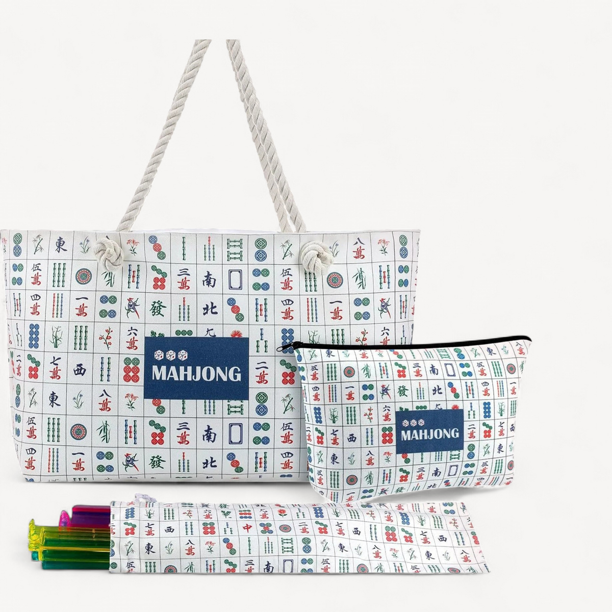 Empty Mahjong Bags Set Blue Printed 24x13x4.7 Inch Tote Tiles Bag with Handle for Game Player Lover Gift Daily Storage Carry (mahjong tote bag blue)
