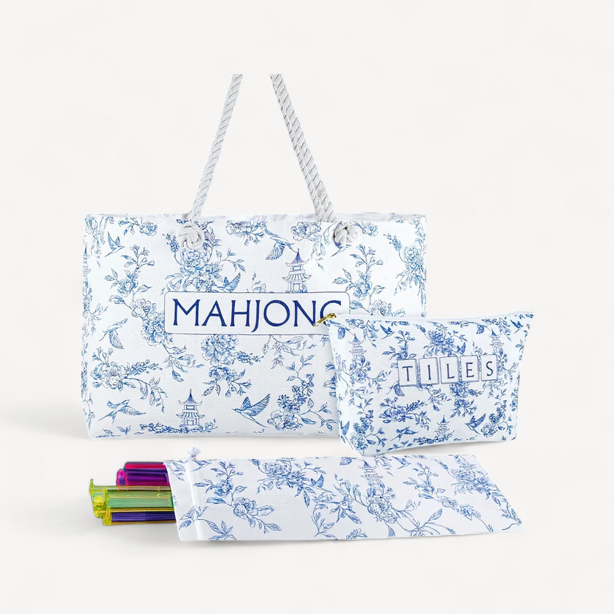 Empty Mahjong Bags Set Blue Printed 24x13x4.7 Inch Tote Tiles Bag with Handle for Game Player Lover Gift Daily Storage Carry (mahjong tote bag blue)