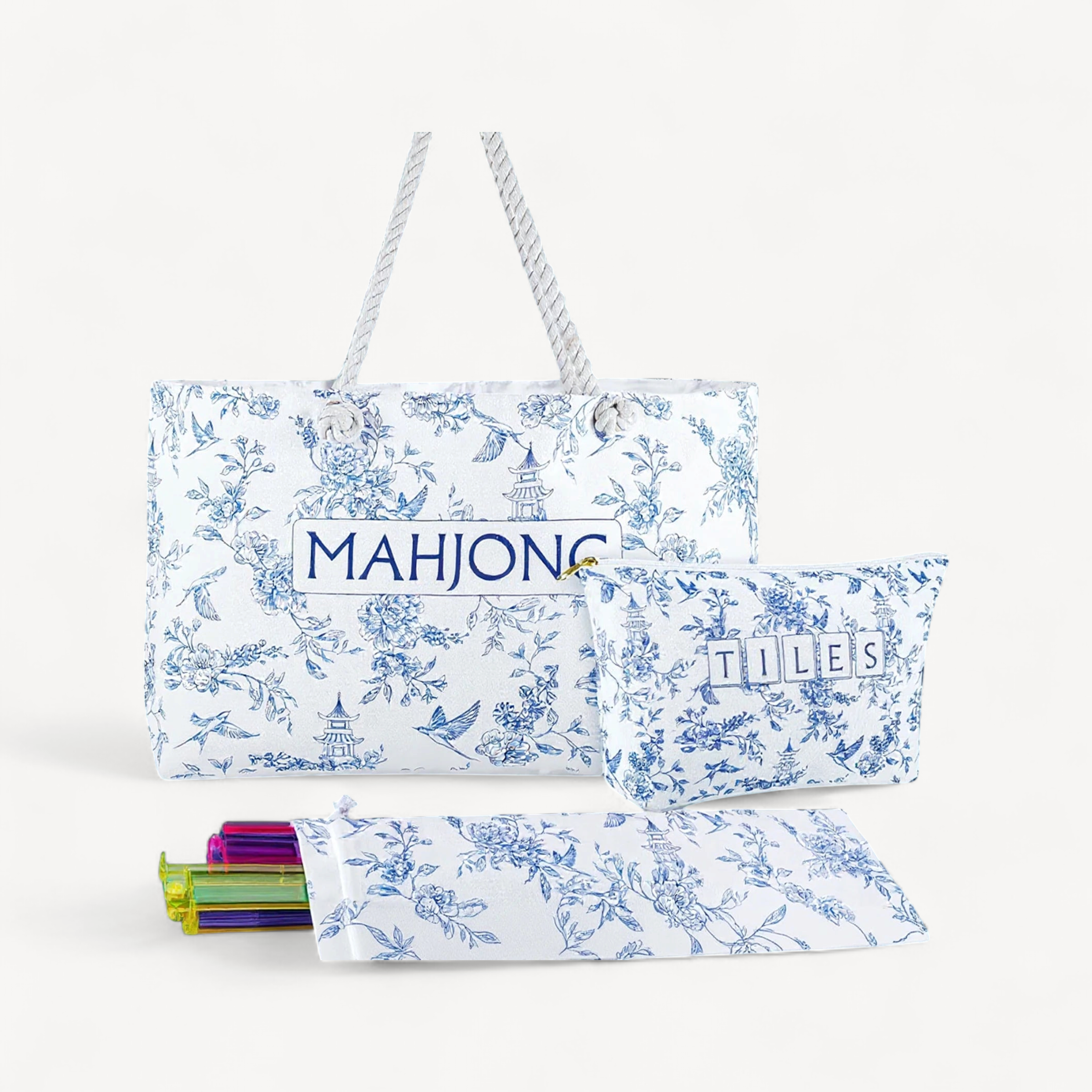 Empty Mahjong Bags Set Blue Printed 24x13x4.7 Inch Tote Tiles Bag with Handle for Game Player Lover Gift Daily Storage Carry (mahjong tote bag blue)