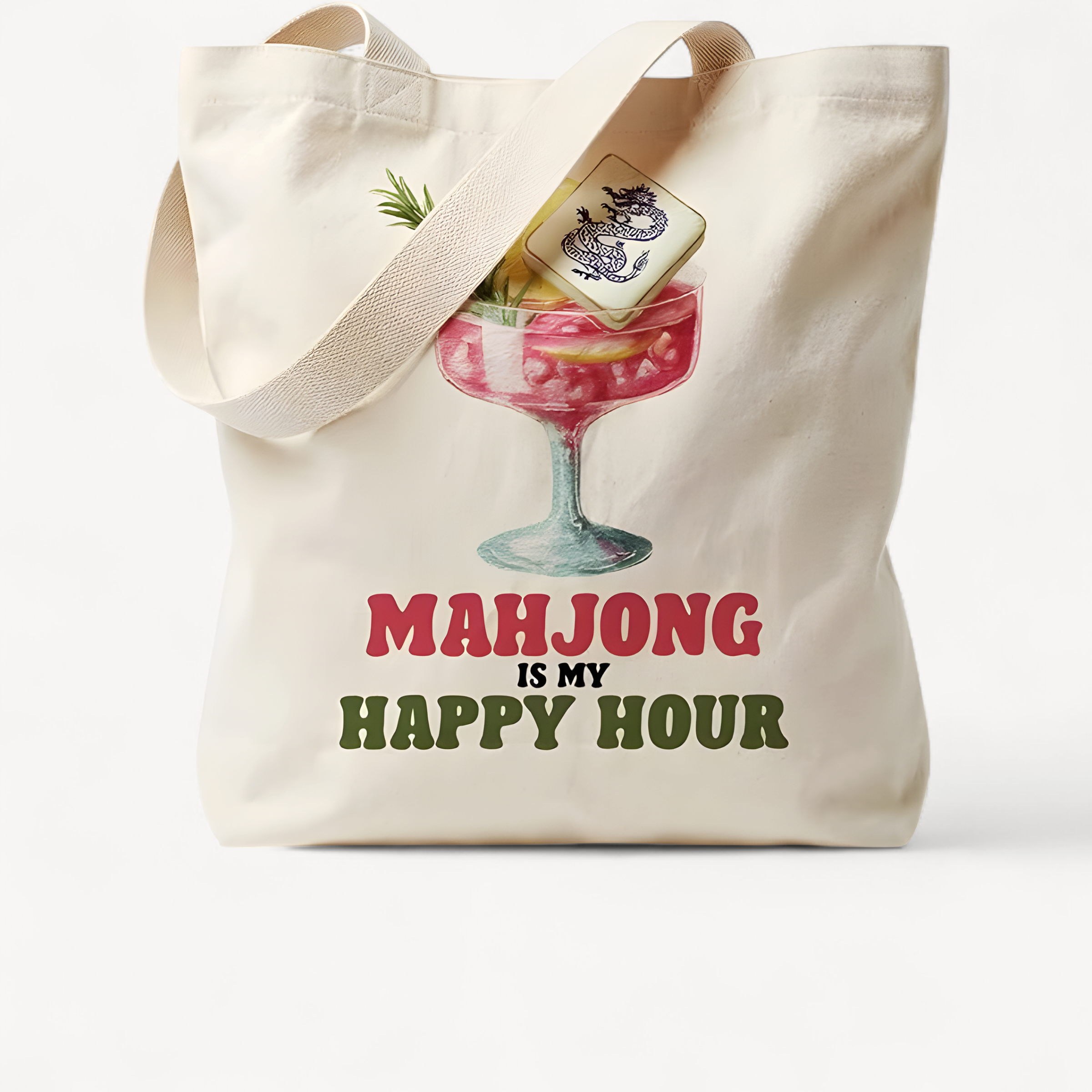 Mahjong Cocktail Tote Bag Versatile Canvas Shoulder Bag for Women Casual Reusable Picnic Beach Shopping Handbag Minimalist White (mahjong leather shoulder bag)