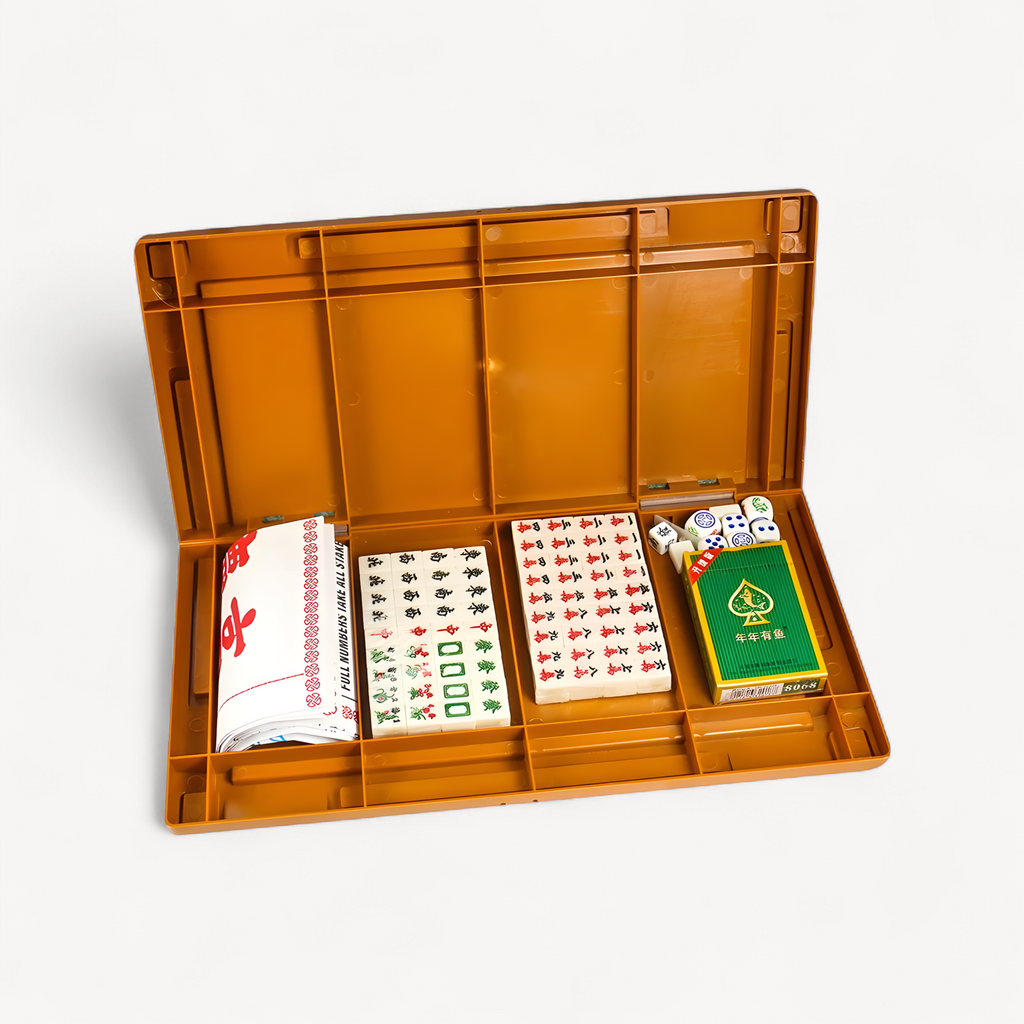 Mini Travel Mahjong Set Portable Mahjiang Tiles with Table Dice Chinese Toy Party Gambling Board Games 4 in 1144 Tiles Mah Jong (mahjong set with table)