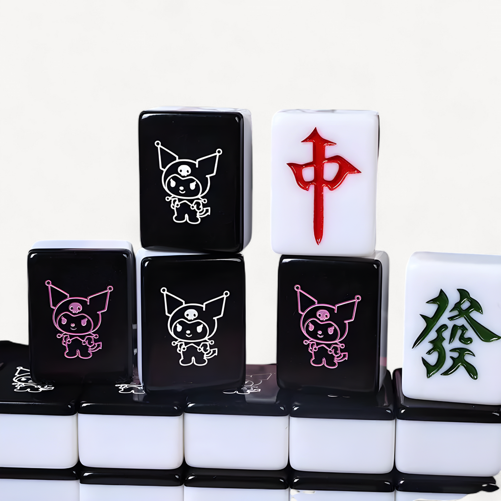 Sanrio Kuromi Mahjong Set 144 Tiles Travel Portable Mini 26mm Engraved Black Mahjong Tiles for Beginners Family Party Games Gift (kuromi mahjong tiles)