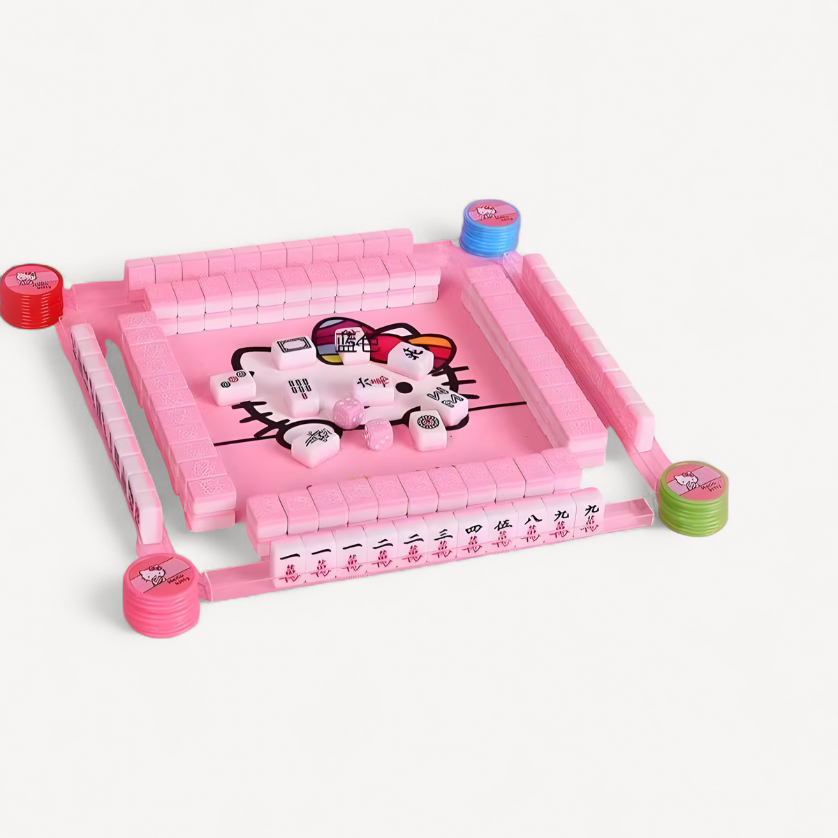 Sanrio Numbered Mahjong 144pcs Mini 24mm Hello Kitty Mahjong Full Set with Handbag Dice Pink Red Tiles for Fun Gathering Camping (hello kitty mahjong set)